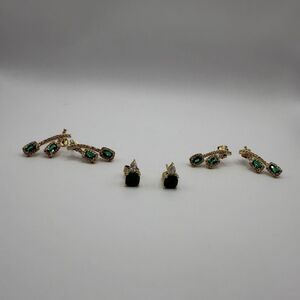 925 Sterling Silver 3 Pair Green White CZ Stud Earrings Set Lot